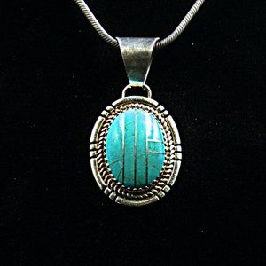 Vintage Native American Sterling Silver and Turquoise Inlay Pendant Sign…